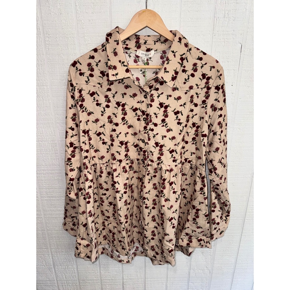 Umgee Shacket Women Beige Red Floral Corduroy Babydoll Button Down XL